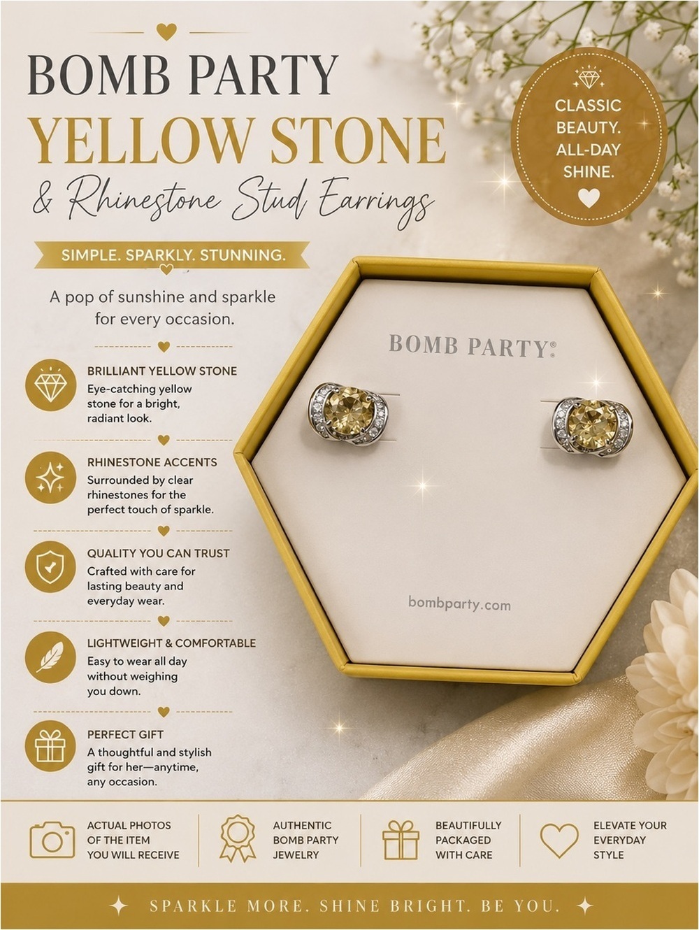 Bomb Party Yellow Stone and Rhinestone Stud Earrings